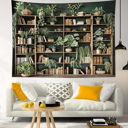 HVEST Green Plant Bookshelf Tapestry Book on Bookshelf and Plant Potted Tapestry Wall Hanging Reading Wall Tapestries for Study Room Bedroom Living Room College Dorm Decor, 51L x 59W Inches