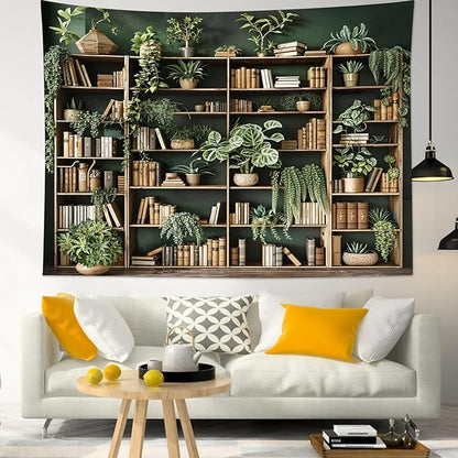 HVEST Green Plant Bookshelf Tapestry Book on Bookshelf and Plant Potted Tapestry Wall Hanging Reading Wall Decor for Study Room Bedroom Living Room College Dorm, 70.9L x 92.5W Inches
