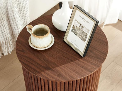 AVZEAR Fluted Round Side Table Small Mid Century End Table, 17.7" Fluted Nightstands Modern Circle Bedside Tables, Wood Night Stand for Small Spaces, Living Room, Bedroom (Rustic Walnut)