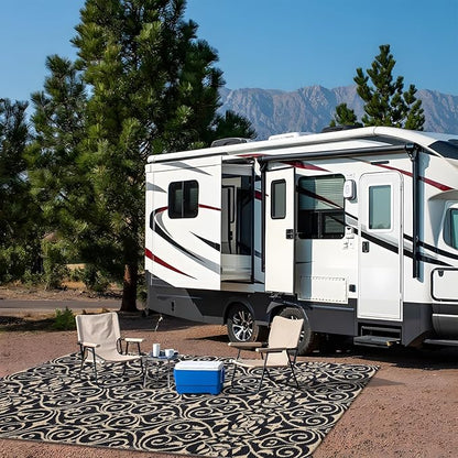 OLANLY Outdoor Rug Waterproof 5x8 ft Clearance, Reversible Outdoor Plastic Straw Rug with Floral Pattern, RV Mat for Patio, Camping, Balcony, Deck, Backyard, Black & Beige