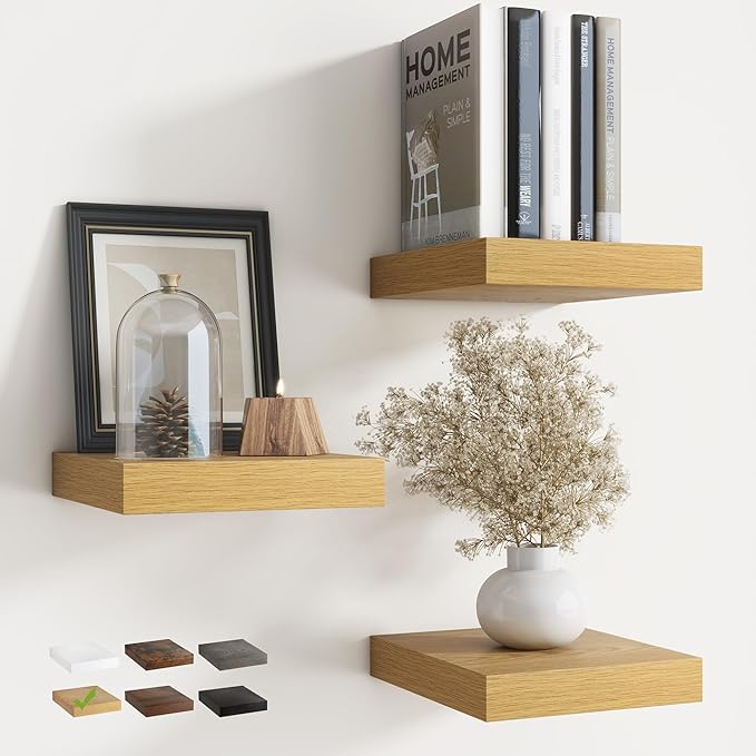 8 Inch Square Floating Shelves for Wall 3 Pack, 8"D Wood Grain Bathroom Shelves with Invisible Brackets, Easy Install Engineered Wood Storage Shelves for Kitchen, Living Room, Bedroom, Oak Finish