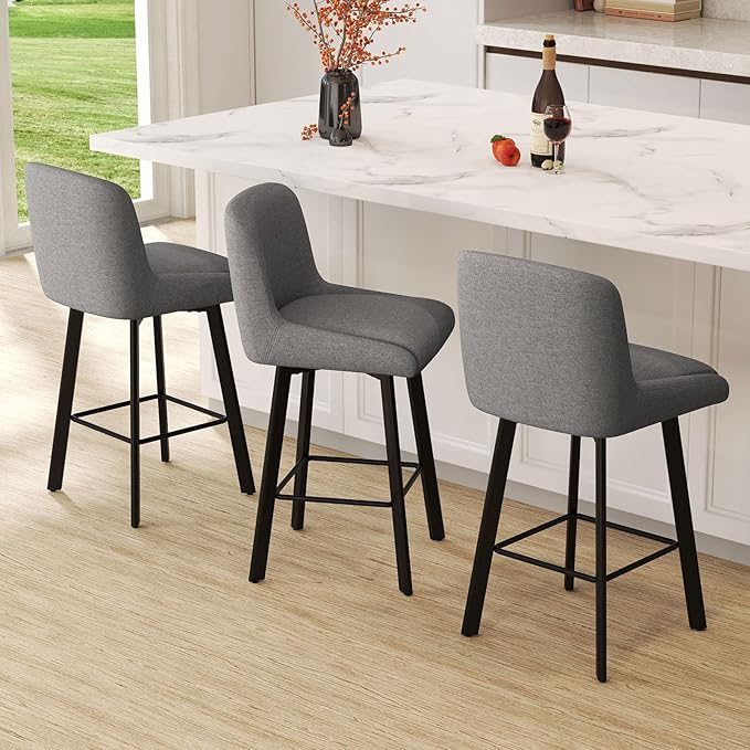 Swivel Counter Height Bar Stools Set of 3, 26''H Upholstered Barstools with Backs, Modern Bar Stool Chairs for Kitchen Island, Metal Legs, Fabric, Gray Stools Counter Chair