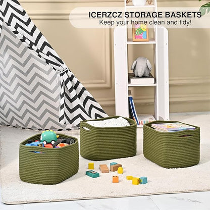 Storage Basket for Shelves, Small Baskets for Organizing, Woven Cotton Rope Baskets for Storage, Book Basket, Decorative Shelf Basket, 12.5"Lx9.1''Wx7.9''H (4 Packs) Green