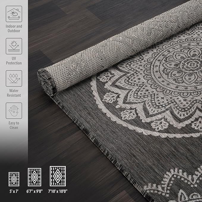 CAMILSON Outdoor Rug 6x9 Modern Area Rugs for Indoor and Outdoor Patios and Porches - Waterproof Washable Non-Shedding Easy-to-Clean Outside Carpet (6 x 9, Medallion - Dark Grey/Light Grey)