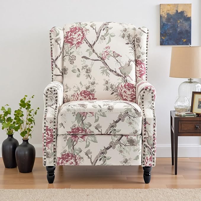 UIXE Pushback Recliner Chair, Fabric Upholstered Armchair Push Back Accent Chair for Living Room, Rivet Trim Home Theater Single Sofa Bedroom Reading Seat with Footrest - Beige Floral