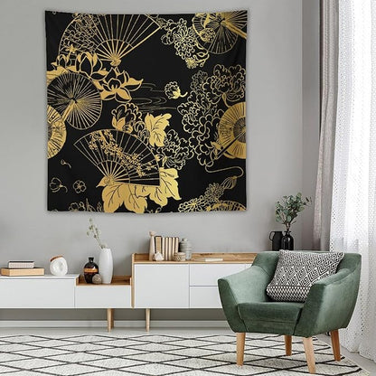 HZOHNAGO Japanese Tapestry Gold Flowers Umbrella Fan Pattern Printed Wall Tapestry Painting Wall Hanging for Bedroom Living Room Dorm 60" W x 60" H