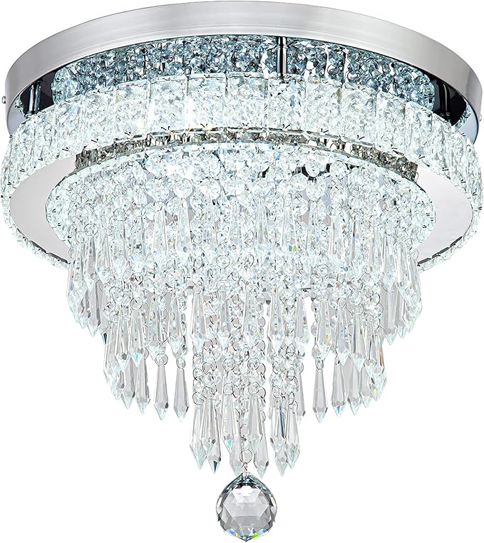 16“ Crystal Chandeliers Light Flush Mount Ceiling Light Fixtures Round Modern LED Chandelier for Living Room Bedroom Dining Room Closet Hallway (Cool White)