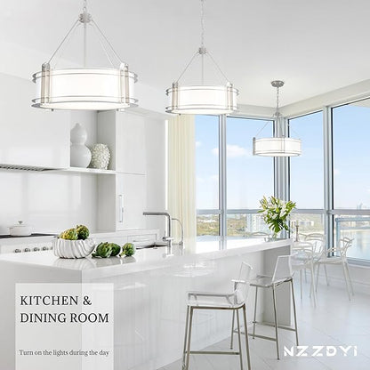 20.4''Drum Chandelier,5-Light Brushed Nickel Modern White Fabric Chandeliers,Farmhouse Round Pendant Light Fixture for Dining Room Kitchen Island Living Room Bedroom Hallway