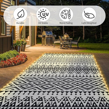 6x9ft Waterproof Outdoor Rug with LED Lights, Bohemia Reversible Plastic Straw Mat for Patio RV Camping Picnic Balcony Beach Deck Indoor Outdoor Carpet, Black&White