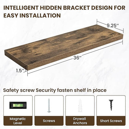 36 Inch Floating Shelves, 36"x9.25"x1.5" Inch Deep Floating Shelves for Wall, Wooden Shelves for Bathroom, Bedroom, Living Room, Brown, 2 Pieces