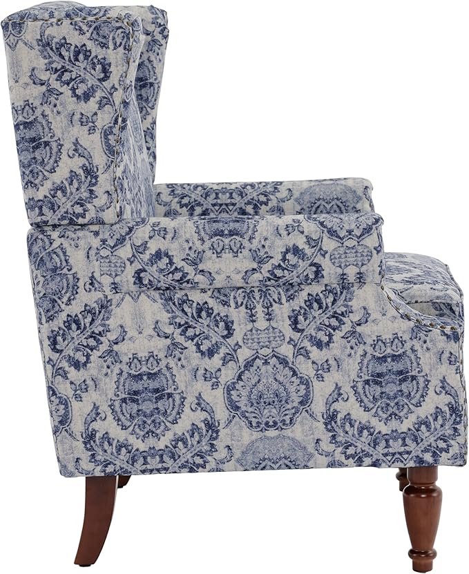 UIXE High Back Floral Accent Chairs Set of 2, Upholstered Armchair in Fabric, Retro Printed Wingback Arm Chair for Living Room, Nailhead Trim Single Sofa Bedroom Reading Seat - Navy Blue