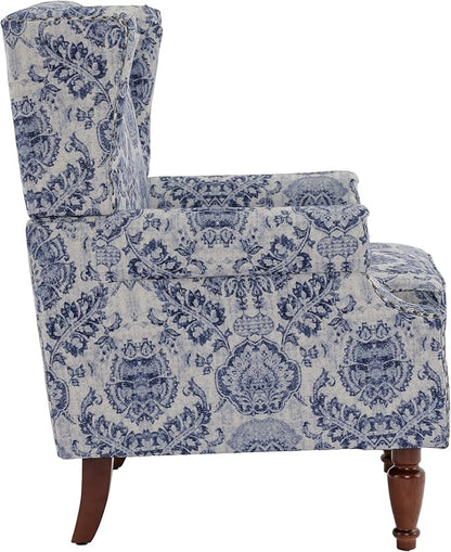 UIXE High Back Floral Accent Chairs Set of 2, Upholstered Armchair in Fabric, Retro Printed Wingback Arm Chair for Living Room, Nailhead Trim Single Sofa Bedroom Reading Seat - Navy Blue