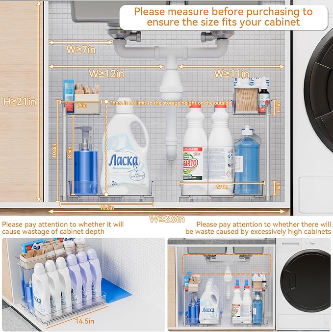 Yieach 2 Pack Kitchen Sink Organizer Under Cabinet,14.5 Inch Deep Clear Under Sink Storage Rack for Bathroom,Apartments and Small Space,Two Tier Pull Out Vanity Cabinet Organizer & Undersink Storage