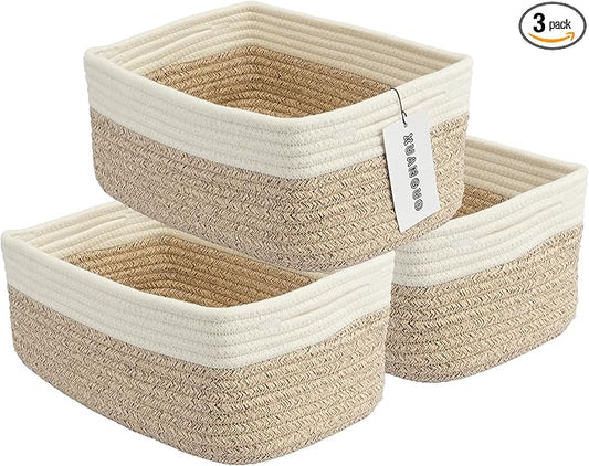 Small Woven Storage Baskets 12“X8”X5“ Decorative Rope Bins for Organizing Shelves, Closets, and Toys, Empty Gift Baskets, Cute Organizer Basket for Home and Office (white and brown regular)
