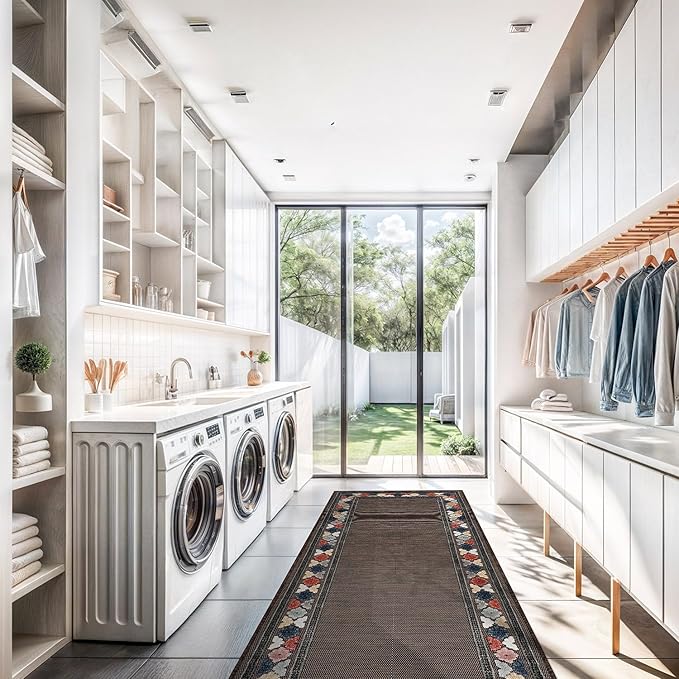 Beverly Rug Outdoor Runner Rug 2x7 Modern Floral Bordered Area Rugs for Indoor and Outdoor Patio Easy to Clean Non Shedding Living Room Porch Garden Washable Outside Carpet (2 x 7 Brown)