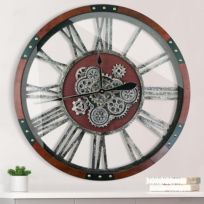 Large Wall Clock for Living Room Decor, 27 Inches Oversized Vintage Wood Decorative Steampunk Farmhouse Wall Clock for Rustic, Retro, Industrial,Kitchen,Office,Working Gears