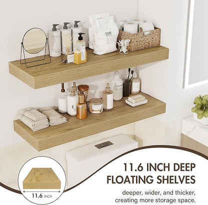 72 Inch Floating Shelves, 12" Deep Floating Shelf Wall Mounted, 72" Wall Shelves, Rustic Deep Bookshelf, Extra Deeper & Thicker Display Shelves for Bedroom, Living Room, Oak, Set of 1
