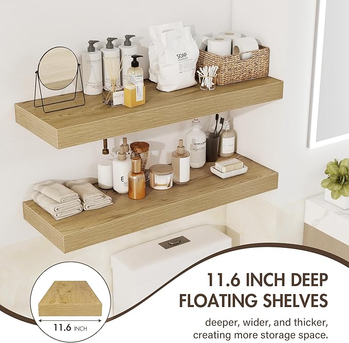 36 Inch Floating Shelves, 12" Deep Floating Shelf Wall Mounted, 36" Wall Shelves, Rustic Deep Bookshelf, Extra Deeper & Thicker Display Shelves for Bedroom, Living Room, Oak, Set of 2