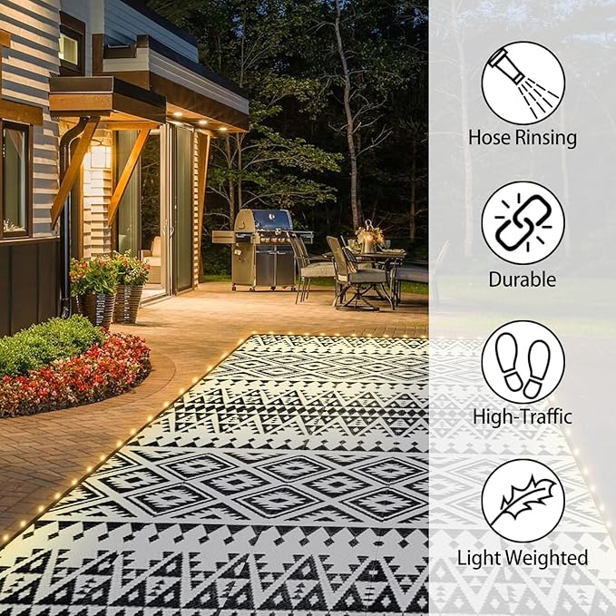 Outdoor Rug Mat with Led Strip Lights for Patio, 8x10ft Waterproof Reversible Plastic Straw Rugs, Camping Carpet Area Mats for RV, Porch, Deck, Backyard, Balcony, Camper, Black & White