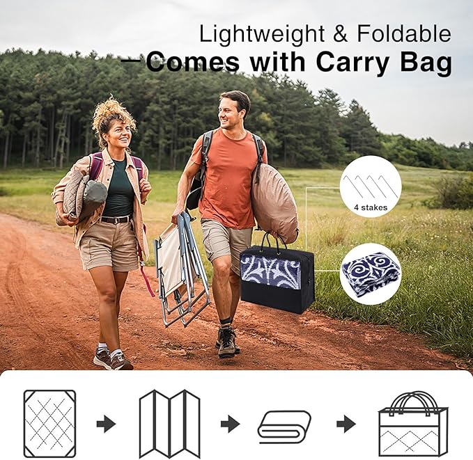 OLANLY Outdoor Rug Waterproof 9x12 ft Clearance, Reversible Outdoor Plastic Straw Rug with Floral Pattern, RV Mat for Patio, Camping, Balcony, Deck, Backyard, Navy & White