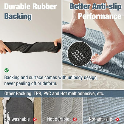 Bathroom Rugs Non Slip Washable, Super Absorbent Thin Bath Mat Quick Dry Low Pile Bathroom Rug, Denim Blue 24"x60"