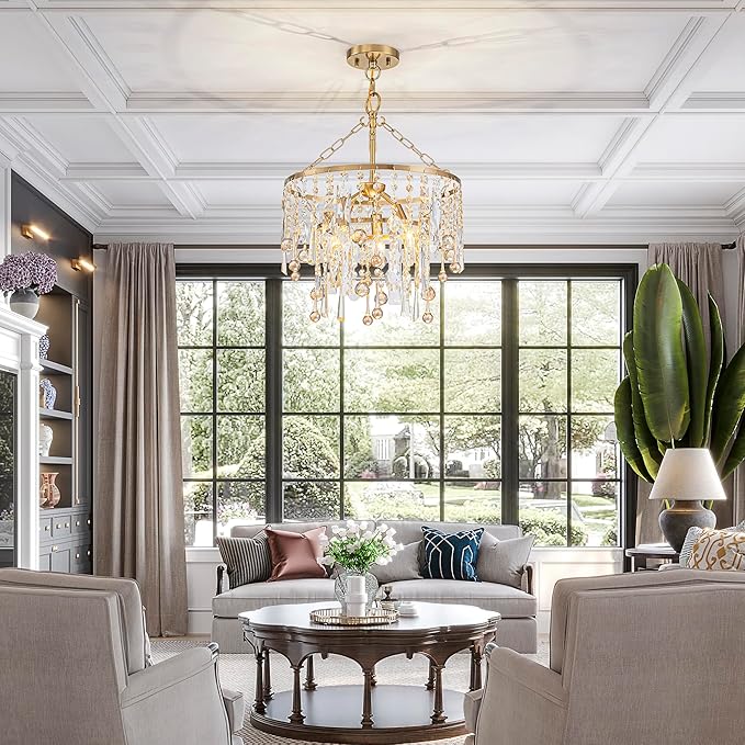 3-Lights K9 Crystal Chandeliers, Luxury Vintage Pendant Light Fixture for Dining Room, Living Room, D15*H20.4~66.8 inch (Adjustable), Clear Crystal & Gold Finish