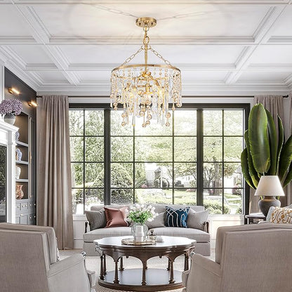 3-Lights K9 Crystal Chandeliers, Luxury Vintage Pendant Light Fixture for Dining Room, Living Room, D15*H20.4~66.8 inch (Adjustable), Clear Crystal & Gold Finish