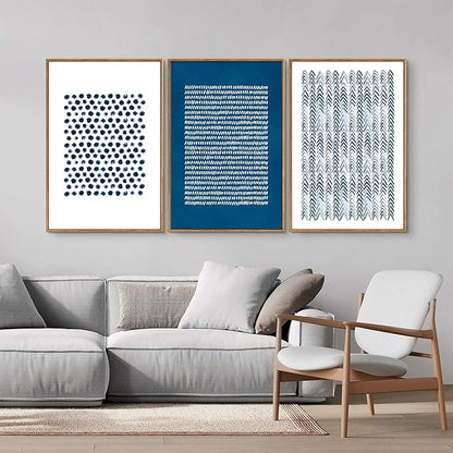 Tinonedraw Navy Blue and White Framed Canvas Wall Art Set, Minimalist Geometric Wall Decor, Neutral Abstract Artwork, Cozy Contemporary Art Prints for Bedroom Living Room Office Above Bed 24"x36"x3