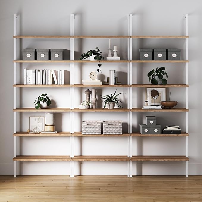 Nathan James Theo 6-Shelf Tall Bookcase, Wall Mount Bookshelf with Natural Wood Finish and Industrial Metal Frame, Rustic Oak/White, Set of 3
