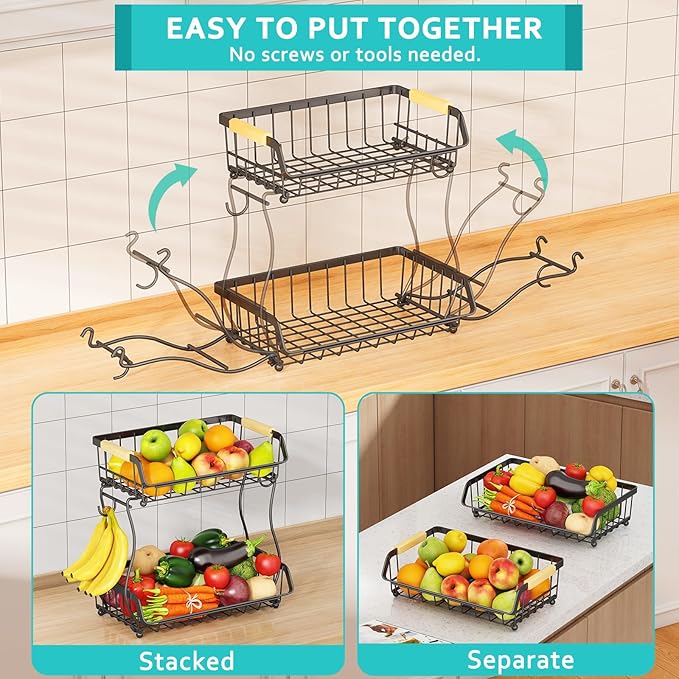 2 Tier Fruit Basket with 2 Banana Hangers, Detachable Countertop Fruit Bowls for Kitchen Counter, Metal Wire Fruit Vegetable Storage Holder Stand with Wooden Handles for Bread, Snacks, Veggies