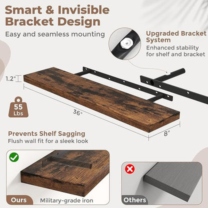 36 Inch Floating Shelves for Wall Set of 2, 8"D Wood Grain Bathroom Shelves with Invisible Brackets, Easy Install Engineered Wood Storage Shelves for Kitchen, Living Room, Bedroom, Rustic Brown Finish