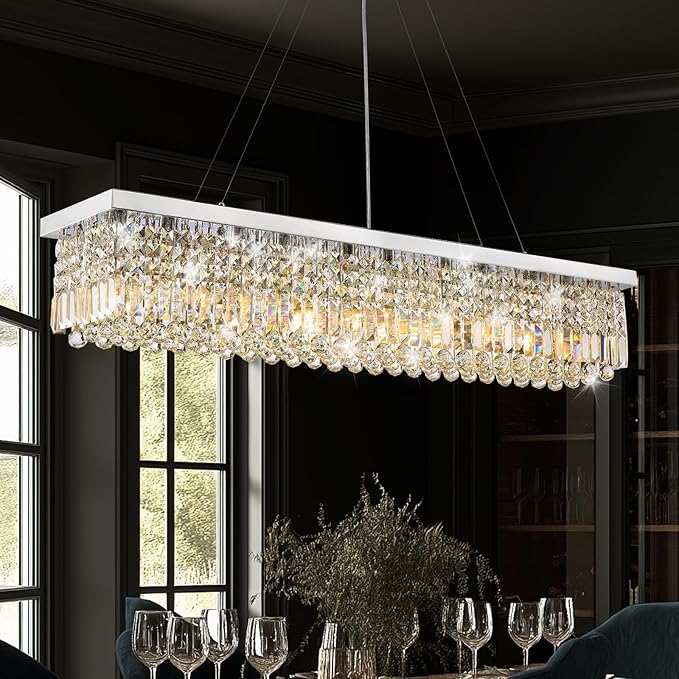Rectangle K9 Crystal Chandelier,10 Lights Modern Rectangular Hanging Ceiling Pendant Light Fixture for Dining Room Kitchen Island,Polished Chrome Finish L47''xW10''xH10''