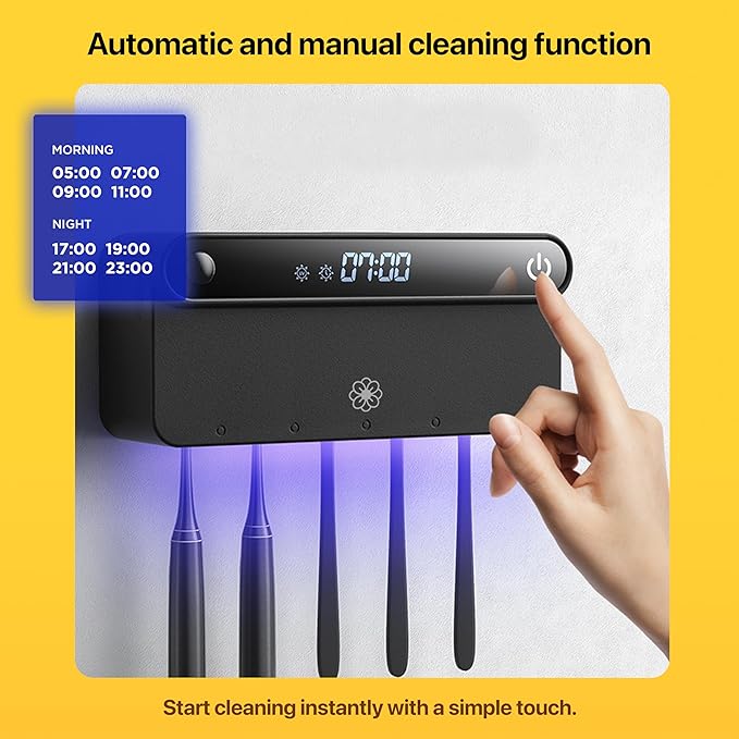 Bloom Wall Toothbrush Holder for Bathrooms, Toothbrush Sanitizer, Strong 3M Adhesive, Time Display, Long-Lasting Charge, 5 Slots for Any Size Toothbrush, Black