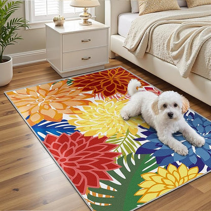 Area Rug 3x5 Washable Entry Rug Multicolored Tropical Botanical Modern Floral Indoor Kitchen Door Mat Entrance Carpet Non Slip for Bedroom Living Room, Porch
