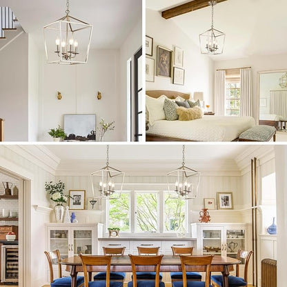 4-Light Brushed Nickel Farmhouse Chandelier, 12" Industrial Ceiling Light Lantern Pendant Light with Metal Cage Adjustable Height Rustic Hanging Light E12 Base for Kitchen Island Dining Room Entryway