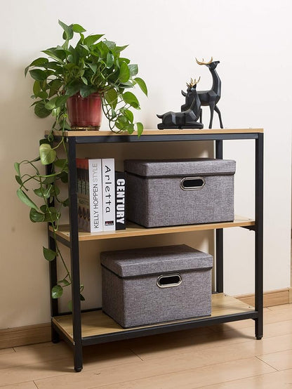 PRANDOM Foldable Storage Boxes with Lids [3-Pack] Linen Fabric Collapsible Storage Bins Organizer Containers Baskets Cube with Cover for Home Bedroom Closet Office Nursery (14.9x9.8x9.8)