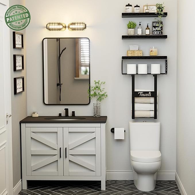Bathroom Shelves Over Toilet - Floating Shelf for Wall Above Toilet Towels Holder Small Farmhouse Decor Shelves (15.7 inch, Set of 3, Black)