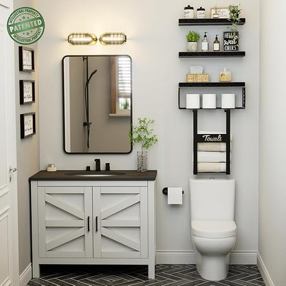 Bathroom Shelves Over Toilet - Floating Shelf for Wall Above Toilet Towels Holder Small Farmhouse Decor Shelves (15.7 inch, Set of 3, Black)