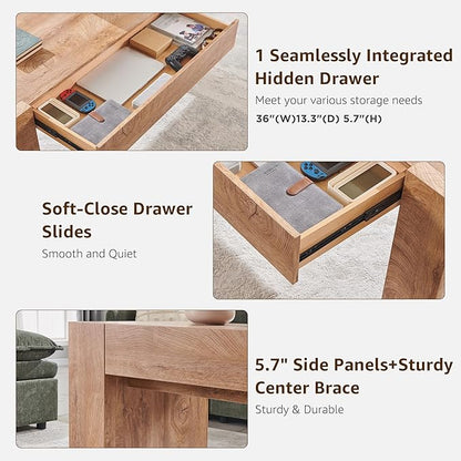 OKD 48" Modern Farmhouse Coffee Table, Wooden Living Room Table with Hidden Storage Drawer, Rustic Rectangular Center Tables w/Wood Thick Design for Living Room, Office, Light Knotty Wood