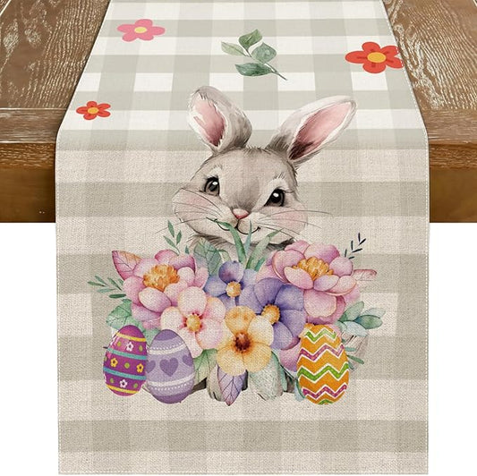 Easter Table Runner 13x72 Inch Bunny Rabbit Flowers Leaves Buffalo Plaid Eggs Seasonal Holiday Kitchen Dining Table Decoration for Indoor Kitchen Dining Home Party Decor