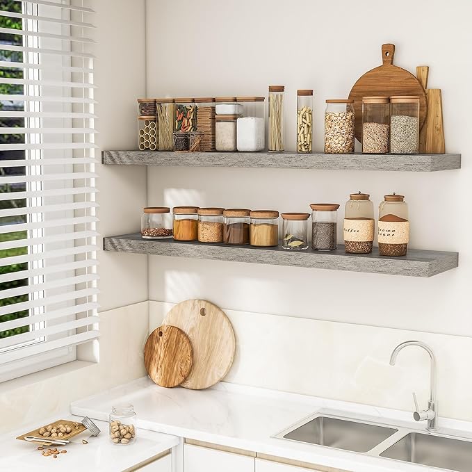 RICHFOCUS 55Inch Floating Shelves for Wall 1 Pack Shelves for Bedroom|Kitchen|Bathroom Wall Mounted Rustic Wood Floating Shelf with Invisible Brackets for Books|Storage|Decor, Grey