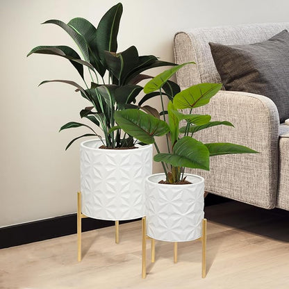 ARNIS Modern Planter Pots, Set of 2 Large Planters with Stand, Decorative Planters, Metal Pots with Drainage Holes for Living Room, Office, Garden or Balcony, 8.25 &10.5 Inch, Matte White