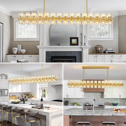 Crystal Brass Rectangle Chandeliers for Dining Room, 54in Gold Farmhouse Chandeliers for Dining Room, Modern Rectangle Crystal Chandelier for Kitchen Island Living Room, Includes 60XG4 Bulbs
