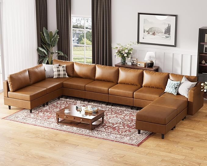 Oversized 172.5" Faux Leather Modular Sectional Sofa, Modern Large 11 Seater U Shaped Couch with Storage Seat with Reversible Chaise Deep Seat for Living Room DIY Combination - Brown