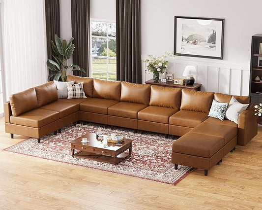 Oversized 172.5" Faux Leather Modular Sectional Sofa, Modern Large 11 Seater U Shaped Couch with Storage Seat with Reversible Chaise Deep Seat for Living Room DIY Combination - Brown