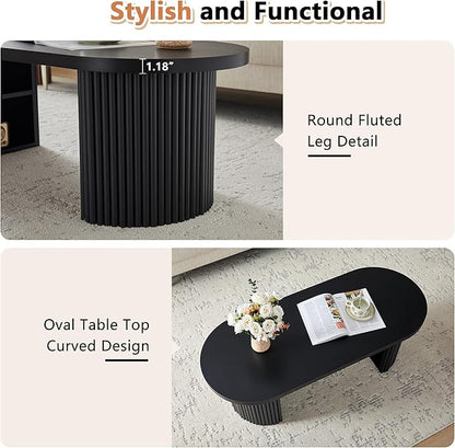 Oval Fluted Coffee Table, 47" Farmhouse Wood Coffee Table Mid Century Modern Center Table Boho Living Room Tables for Living Room Office,Black