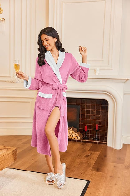 Ekouaer Robes for Women Soft Long Bathrobe Lightweight Fleece Shawl Collar Spa Robe Cozy Sleepwear with Pockets S-XXL