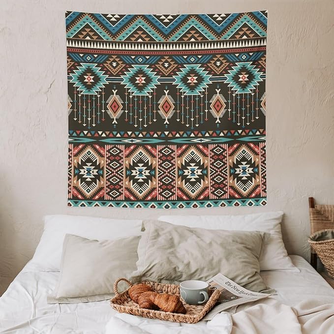 HZOHNAGO Aztec Tapestry Turquoise Blue and Brown and Native American Tribal Pattern Printed Wall Tapestry Wall Hanging for Bedroom Living Room Dorm 60" W x 60" H