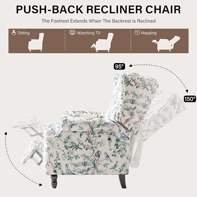UIXE Floral Pushback Recliner Chair, Fabric Upholstered Armchair Push Back Accent Chair for Living Room, Rivet Trim Club Chair Home Theater Single Sofa Reading Seat - Bird