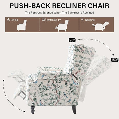 UIXE Floral Pushback Recliner Chair, Fabric Upholstered Armchair Push Back Accent Chair for Living Room, Rivet Trim Club Chair Home Theater Single Sofa Reading Seat - Bird